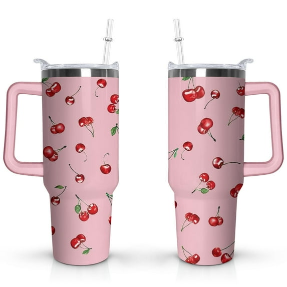 40oz Red Cherry Fruit Pattern Stainless Steel Flip Straw Tumbler Spill Proof Travel Cup Double Wall Vacuum Insulated Coffee Mug with Top Handle