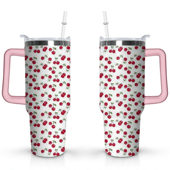 40oz Red Cherry Fruit Pattern Stainless Steel Flip Straw Tumbler Spill Proof Travel Cup Double Wall Vacuum Insulated Coffee Mug with Top Handle