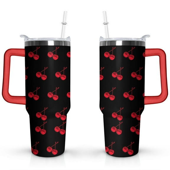 40oz Red Cherry Fruit Pattern Stainless Steel Flip Straw Tumbler Spill Proof Travel Cup Double Wall Vacuum Insulated Coffee Mug with Top Handle