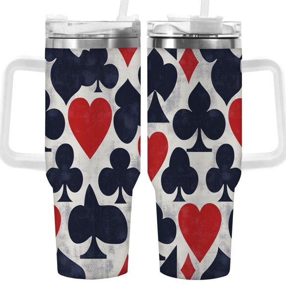 40oz Retro Red Black Poker Suit Pattern Tumbler with lid, Travel Coffee Cup, Ideal for Easter, Gaming Enthusiast, Mother Day, and birthday gifts