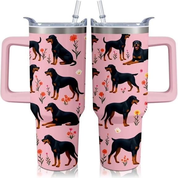 40oz Rottweiler Dog Tumbler with Handle and Straw, Funny Stainless Steel Insulated Cup with Lid and Straw, Travel Coffee Mug Water Bottle, Birthday Mothers Day Gifts for Women Men Animal Lovers