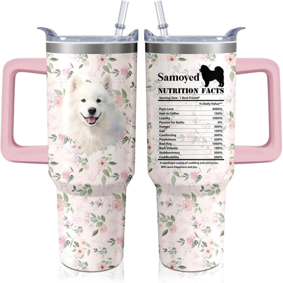 40oz Samoyed Dog Tumbler with Handle and Straw, Cute Puppy Chiwawa Stainless Steel Insulated Cup with Lid, Travel Coffee Mug Water Bottle, Birthday Mothers Day Gifts for Women Men Animal Lovers