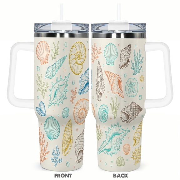 40oz Seashell Tumbler with Handle and Straw Ocean Beach Theme Stainless Steel Insulated Travel Coffee Cup Gift for Summer