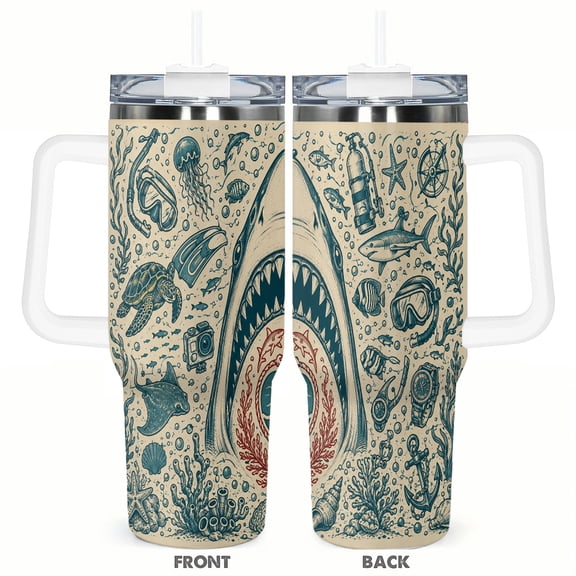 40oz Shark Ocean Diving Adventure Insulated Tumbler with Handle Straw Deep Sea Marine Life Travel Cup Scuba Snorkeling Gift Cup