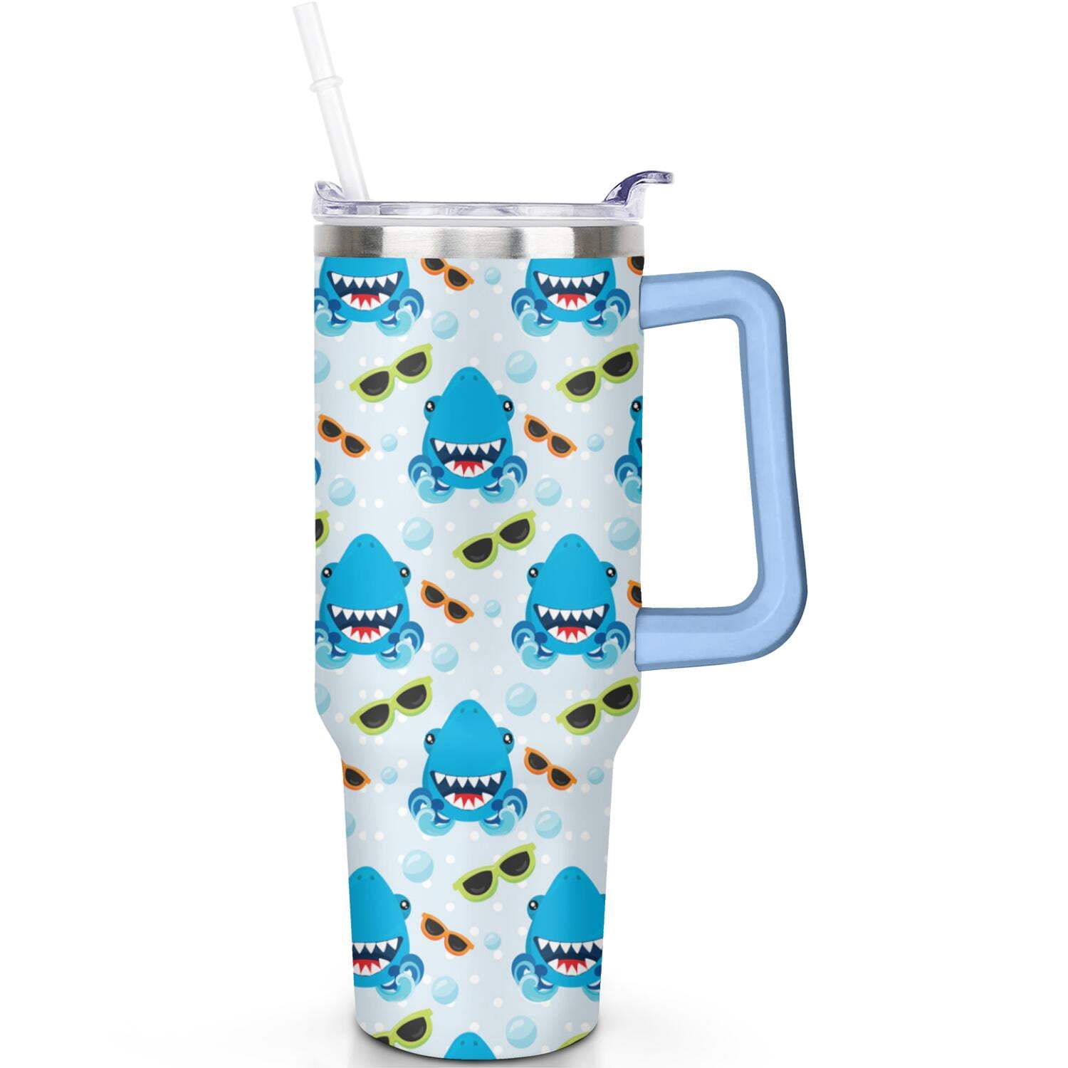 TNASURHUS 14oz Smiling Shark Tumbler With Handle & Straw - Stainless Steel Vacuum Insulated Kids Cup, Toddler Birthday Gift