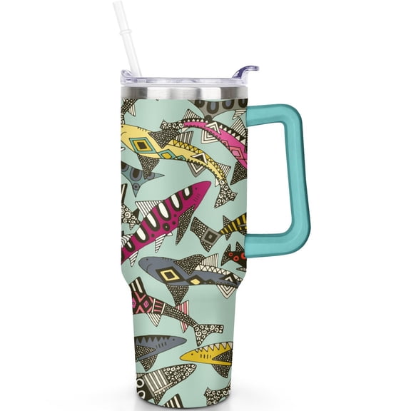 40oz Shark Tumbler with Spill Proof Lid Straw 40 oz Shark Theme Tumbler with Handle Double Insulated Travel Coffee Cup Shark Gifts for Men Women Travel Must Haves