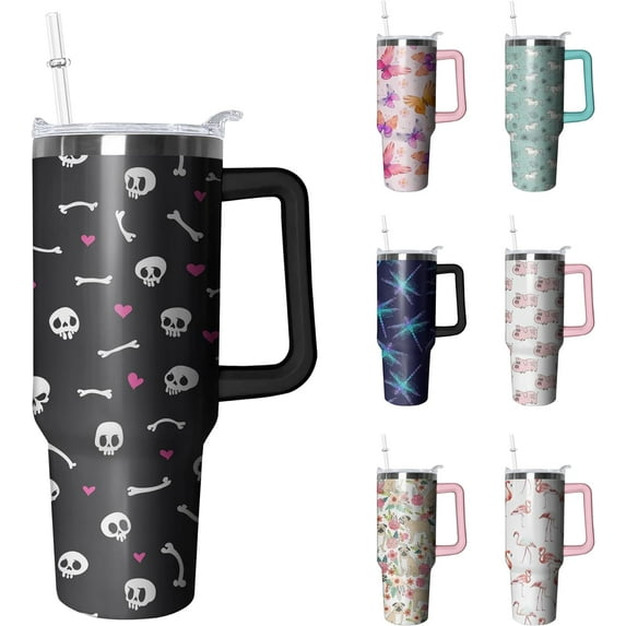 40oz Skeleton Stainless Steel Tumbler with Handle and Straw, Gothic Heart Insulated Cup, Halloween Travel Coffee Mug Water Bottle with Lid and Straw, Skull Lovers Women Gifts
