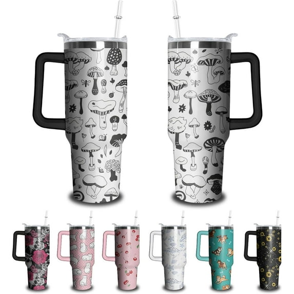 40oz Skull Tumbler with Handle and Straw, Skeleton Gothic Floral Stainless Steel Insulated Cup with Lid and Straw, Horror Travel Coffee Mug Water Bottle, Birthday Halloween Gifts for Women Men