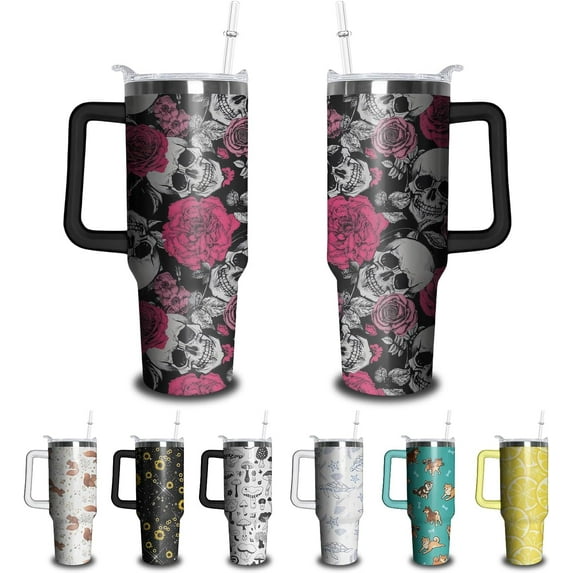 40oz Skull Tumbler with Handle and Straw, Skeleton Gothic Floral Stainless Steel Insulated Cup with Lid and Straw, Horror Travel Coffee Mug Water Bottle, Birthday Halloween Gifts for Women Men