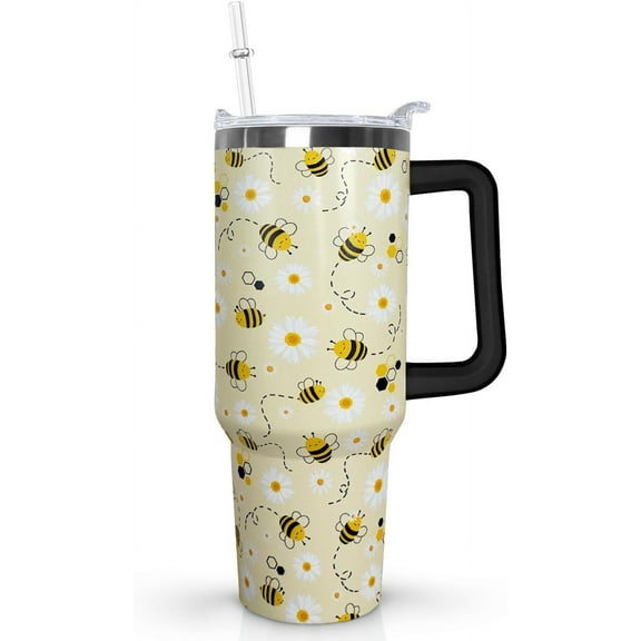 40oz Slim Tumbler with Handle, Lid and Straw - Bee & Daisy Floral Decor - Honey Theme Insulated Cup - Gift for Women, Her, Queen Bee
