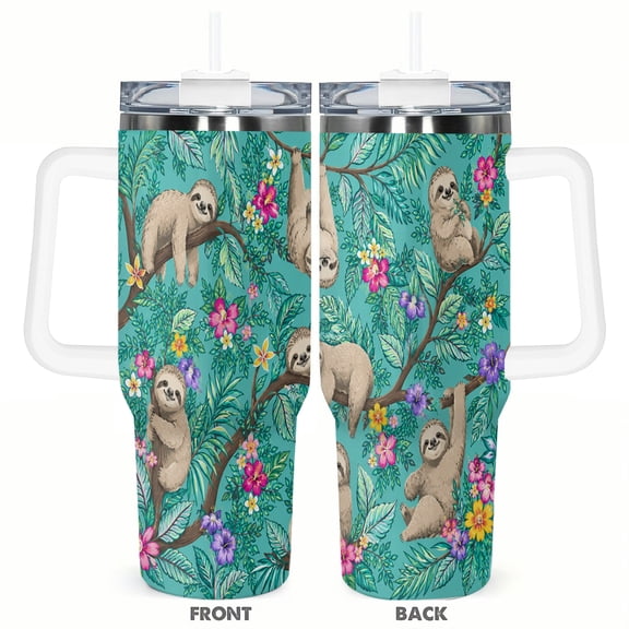 40oz Sloth Tropical Floral Travel Tumbler Insulated Car Cup with Handle Straw Stainless Steel Large Capacity Coffee Cup Jungle Animal Gift