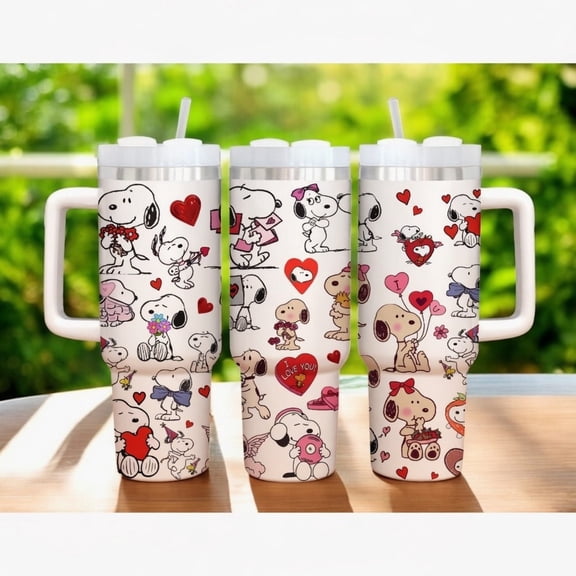 40oz Snoopy Tumbler with Handle - Peanuts Love Hearts Collage Cup, Romantic Puppy Dog Insulated Travel Mug, Sweet Gift for Her or Him