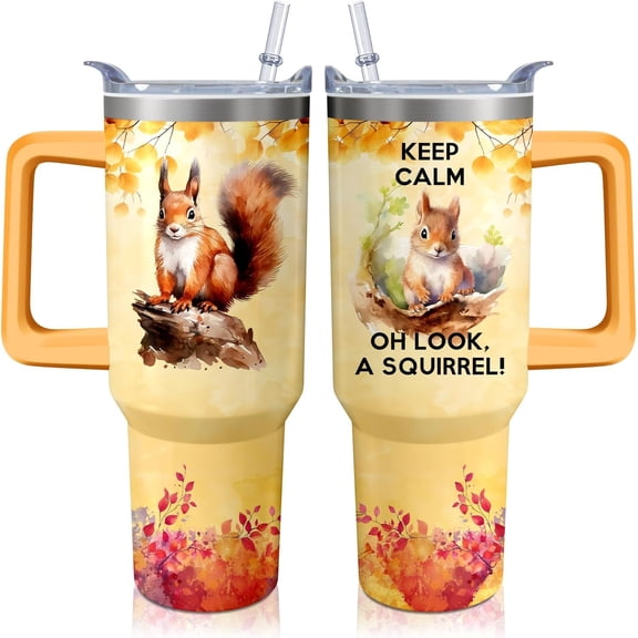 40oz Squirrel Stainless Steel Tumbler with Handle and Straw, Insulated Cup Travel Coffee Mug Water Bottle with Lid and Straw, Animal Lovers Women Gifts