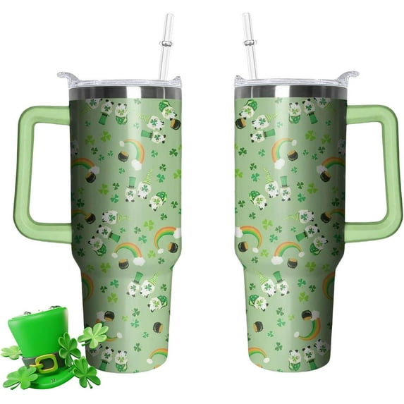 40oz St Patricks Day Tumbler with Handle and Straw, Green Irish Shamrocks Gnome Stainless Steel Vacuum Insulated Cup, Travel Mug Water Bottle, Gifts for Women Men