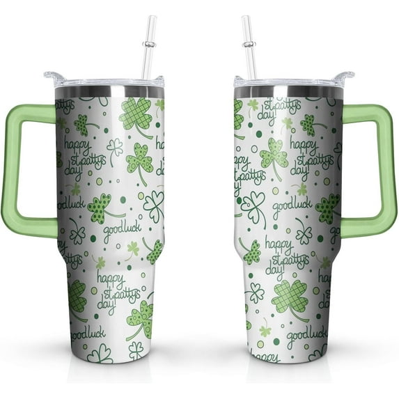 40oz St Patricks Day Tumbler with Handle and Straw, Irish Shamrocks Green Stainless Steel Vacuum Insulated Cup, Travel Mug Water Bottle, Gifts for Women Men