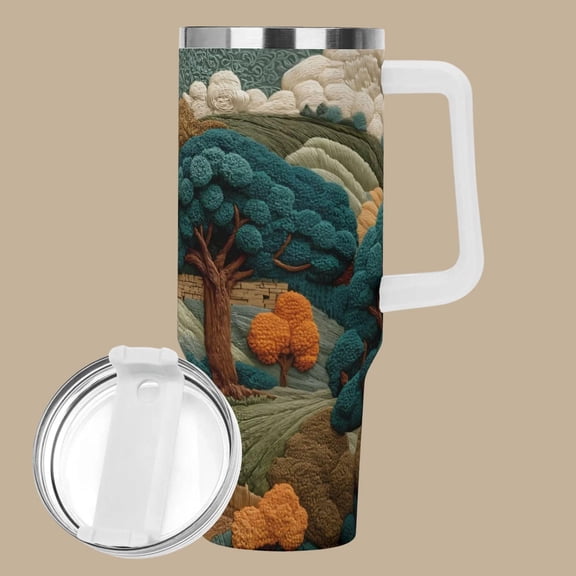 40oz Stainless Steal Storybook Countryside Travel Mug with Handle Cozy Cottage Landscape Tumbler