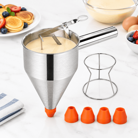 40oz Stainless Steel Batter Dispenser with Stand and 4 Interchangeable Nozzles