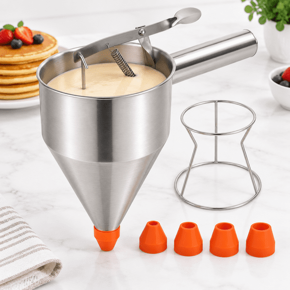 40oz Stainless Steel Batter Dispenser with Stand and 4 Interchangeable Nozzles