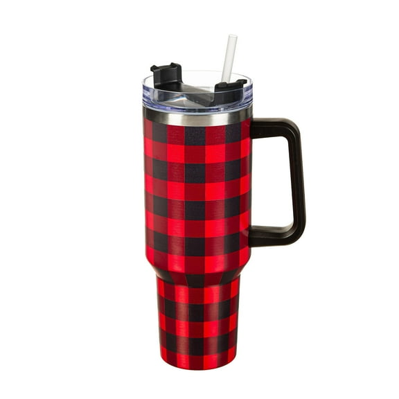 Joyful Traditions Tumbler Stainless-Steel Canyon Cup w/ Straw, Red Buffalo Check, 40oz, Gift Box