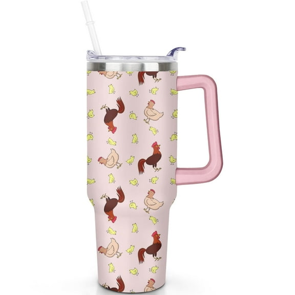 40oz Stainless Steel Chicken Tumbler with Handle, Vacuum Insulated Flip Straw Lid, Leak Proof Travel Mug – Ideal Gift for Travelers