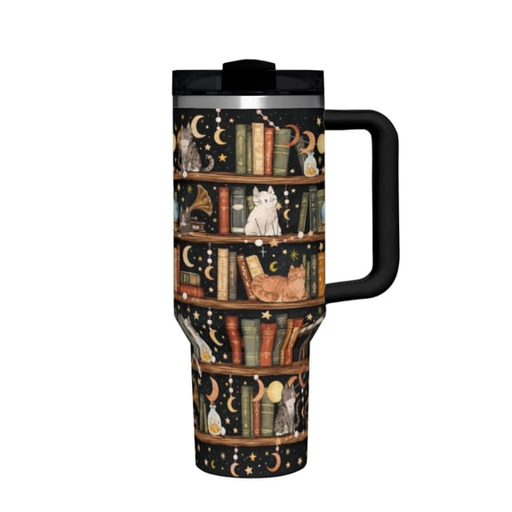 40oz Stainless Steel Dark Academia Witchy Library Cat Tumbler Travel Mug, Fits Car Cup, Portable Water Bottle, Perfect Birthday Christmas Halloween Reader Gift