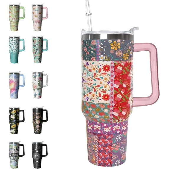 40oz Stainless Steel Floral Tumbler with Handle and Straw Leak Proof Insulated Coffee Travel Mug, Boho Gifts for Women