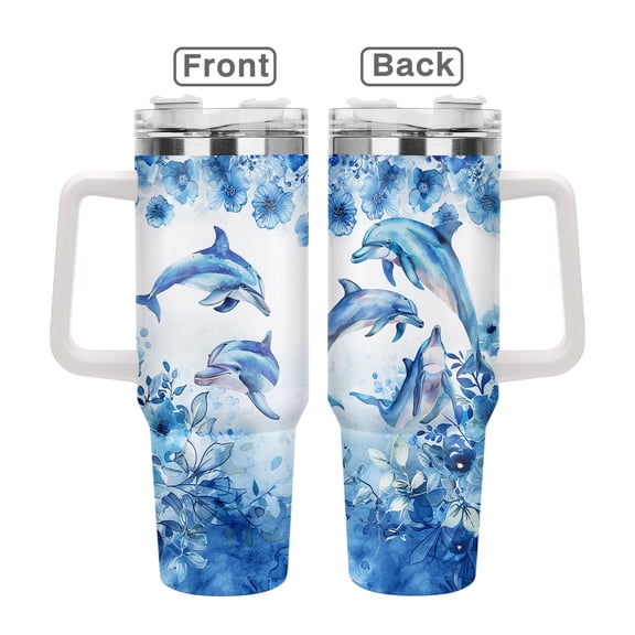 40oz Stainless Steel Handle Insulated Mug (with Lid) Dolphin Design Outdoor Travel Mug 40oz Hot/Cold Dual-Use Coffee Mug Birthday & Graduation Gift for Women Mother's Day, Valentine's Day Gift Cups