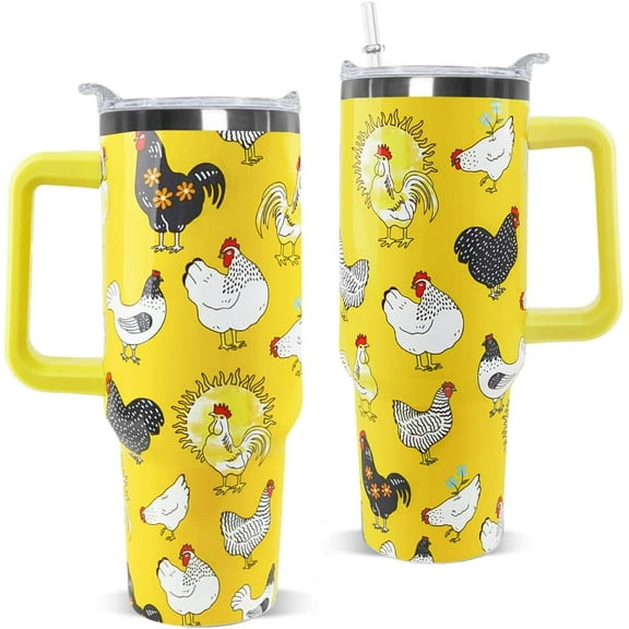 40oz Stainless Steel Insulated Chicken Tumbler with Handle & Straw - Funny Crowing Rooster Travel Mug, Coffee Water Bottle, Novelty Gift Decor