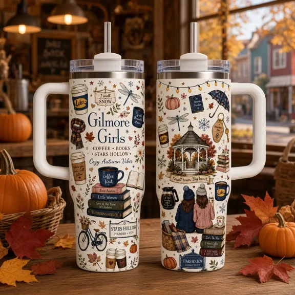 40oz Stainless Steel Insulated Gilmore Girls Tumbler - Stars Hollow Coffee Books Cozy Autumn Cup with Handle, Straw, Lid, Lukes Diner Dragonfly Inn Graphic - Womens TV Show Fan Gift Flask
