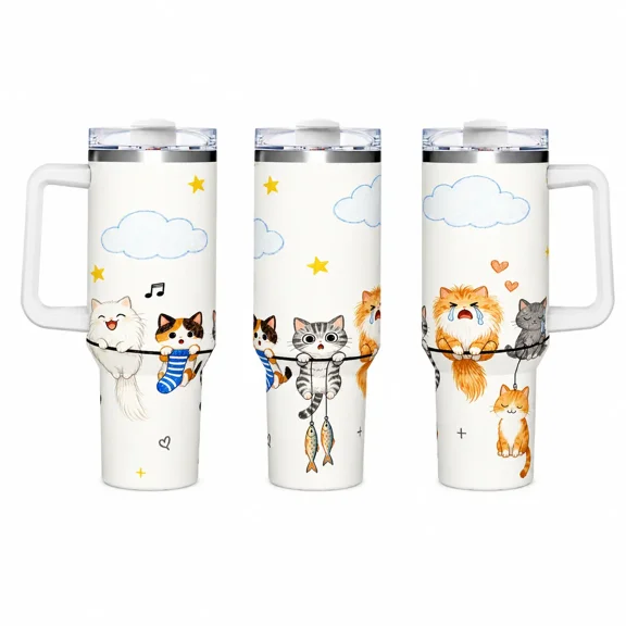 40oz Stainless Steel Insulated Tumbler Bottle - With Handle & Straw, Cream Base, Full-Wrap Cartoon Print of Swing-Hanging Multi-Expression Kitten, Fish, Cloud & Star, Double-Wall Leakproof Hot/Cold