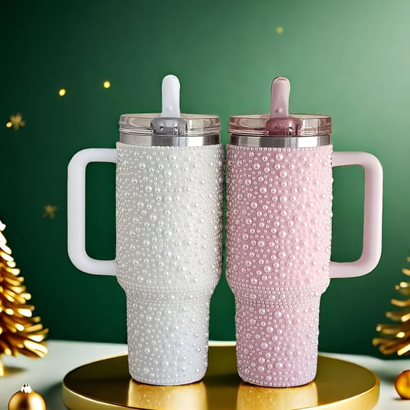 40oz Stainless Steel Insulated Tumbler with Handle & Leakproof Straw Lid, Double Wall Vacuum Pearl Finish Cup for Driving Hiking Outdoor Drinks
