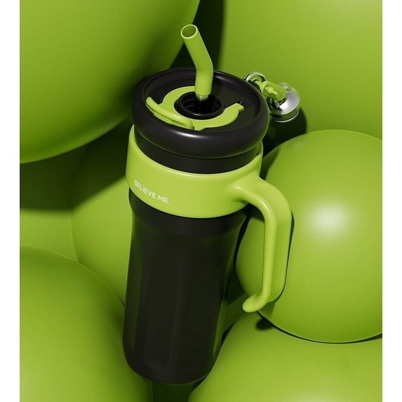 40oz Stainless Steel Insulated Water Bottle with Handle and Straw - Leak Proof, Double Walled Flask Tumbler Mug for Coffee, Tea, Water - Keeps Drinks Hot or Cold for 12 Hours Black