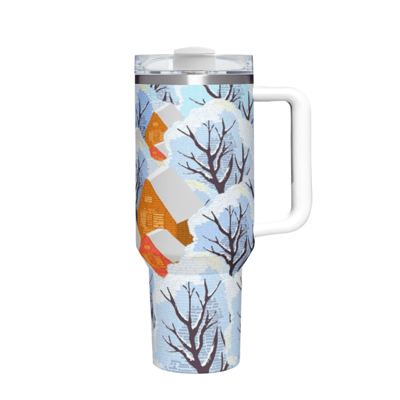 40oz Stainless Steel Pastel Winter Snowy Cabin Bare Tree Print Tumbler, Fits Car Cup Holder, Reusable Water Bottle, Birthday Christmas Halloween Winter Holiday Gift