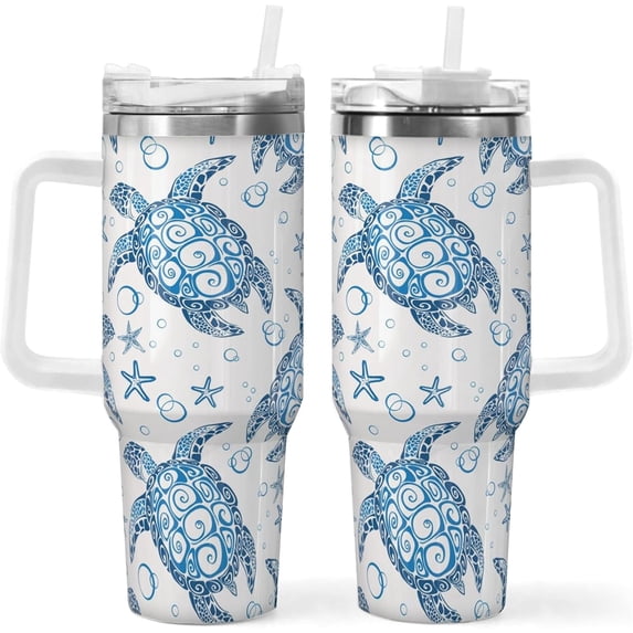 40oz Stainless Steel Sea Turtle Tumbler - Handle, Lid, Straw, Ideal Ocean-Themed Gift for Women