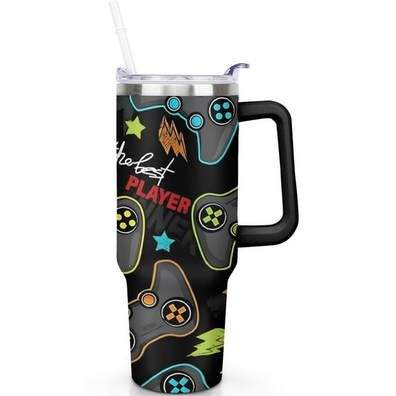 40oz Stainless Steel Travel Mug Game Tumbler Vacuum Insulated with Handle Flip Straw Lid Leak Proof Cup Gift for Men Women