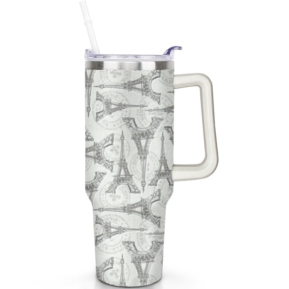 40oz Stainless Steel Travel Tumbler Eiffel Tower Vacuum Insulated Mug with Handle Flip Straw Lid Leak Proof Cup Gift for Him Her