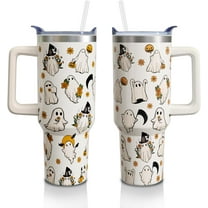 40oz Stainless Steel Tumbler with Handle & Straw - Halloween Ghost Design, Insulated Cup for Hot/Cold Drinks, Spooky Holiday Gift for Women & Men (1-Pack)