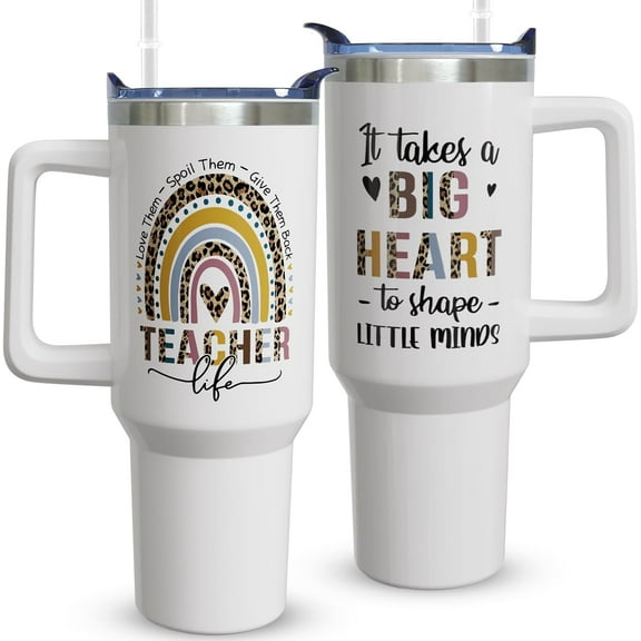 40oz Stainless Steel Tumbler with Handle and Straw - Insulated Travel Mug, Leak-Proof Coffee Cup - Perfect Teacher Gift, Appreciation, Birthday or Thank You Present for Women