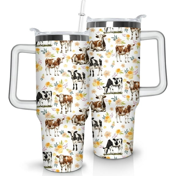 40oz Stainless Steel Tumbler with Handle - Cow Print Travel Mug with Lid & Straw, Insulated Water Bottle - Highland Cow Gifts for Women, Girls