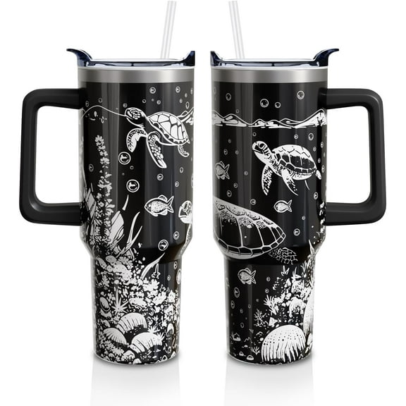 Sea Turtle Gifts Cup for Men Boys, 40oz Tumbler with Handle and Straw Lid, Black Turtle Lover Stainless Steel Water Bottle Mug (1PC)