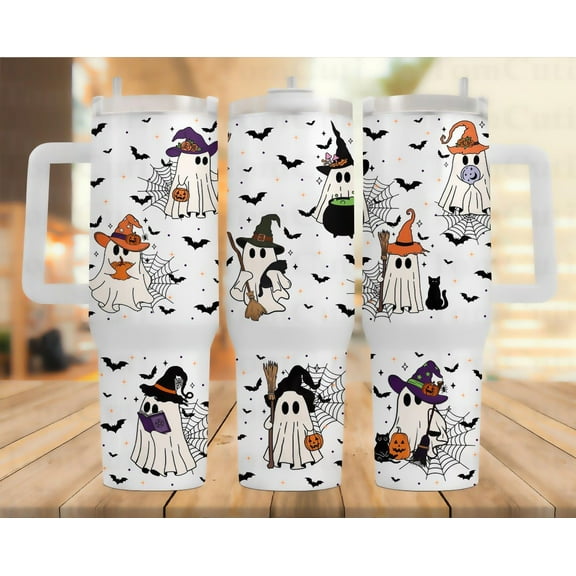 40oz Stainless Steel Tumbler with Handle and Halloween Ghosts design