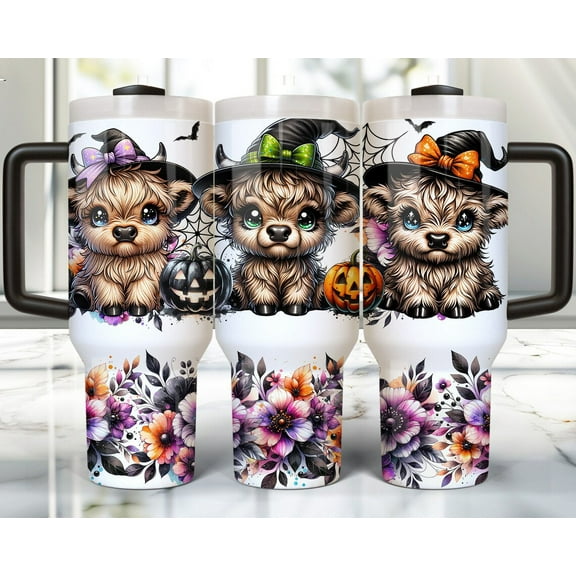 40oz Stainless Steel Tumbler with Handle and Highland Cow Halloween design