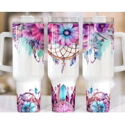 40oz Stainless Steel Tumbler with Handle and Pink Floral design