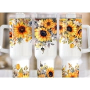 40oz Stainless Steel Tumbler with Handle and Sunflower design