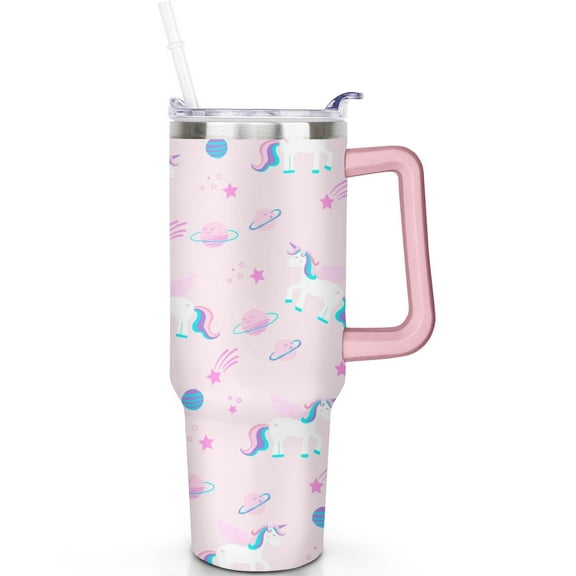 40oz Stainless Steel Unicorn Tumbler Vacuum Insulated Travel Mug with Flip Straw Lid Handle Leak Proof Gift for Men Women Travel Accessories Must Have
