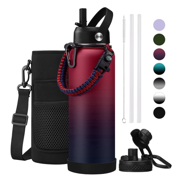40oz Stainless Steel Water Bottle - with Straw, Leak Proof & BPA-Free, Vacuum Insulated Water Bottle with Paracord Handle, Carrier Bag, Cold for 48 Hrs