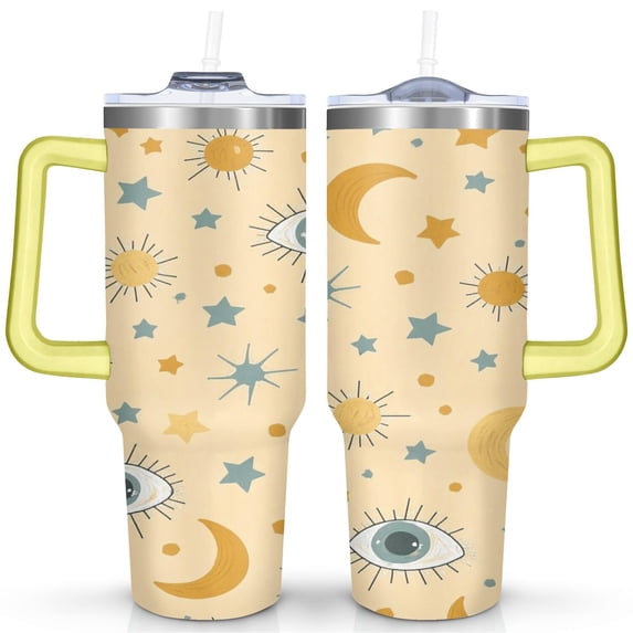 40oz Star Print Tumbler - Stainless Steel Double Wall Insulated Cup - Cosmic Celestial Design - Spill-Resistant Lid & Handle - Mystical Style