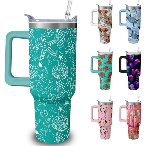 40oz Starfish Tumbler with Handle and Straw, Animal Lovers Gifts for Women Men, Beach Conch Shell Stainless Steel Travel Mug Water Bottle, Blue Sea Ocean Vacuum Insulated Cup with Lid