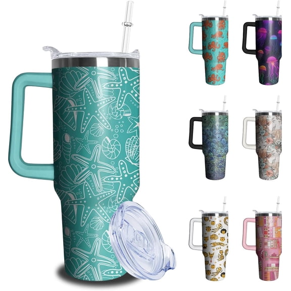 40oz Starfish Tumbler with Handle and Straw, Animal Lovers Gifts for Women Men, Conch Shell Stainless Steel Travel Mug Water Bottle, Blue Sea Ocean Vacuum Insulated Cup with Lid