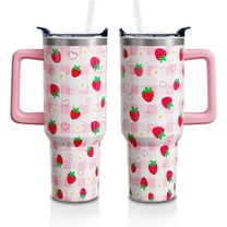 40oz Strawberry Tumbler with Handle & Straw - Pastel Plaid Double Wall Vacuum Insulated Stainless Steel Cup - Cute Fruit Lover Birthday Gift for Women, Girls (1 Cup)